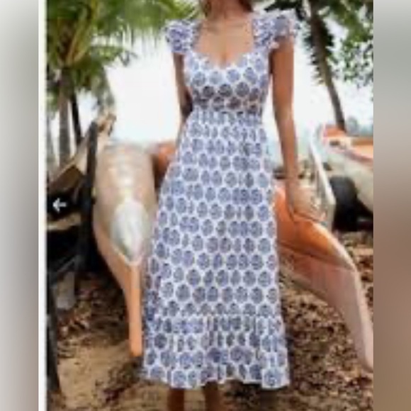 AS U WISH smocked tiered ruffle strap dress in a blue and white boho print small - Picture 1 of 6